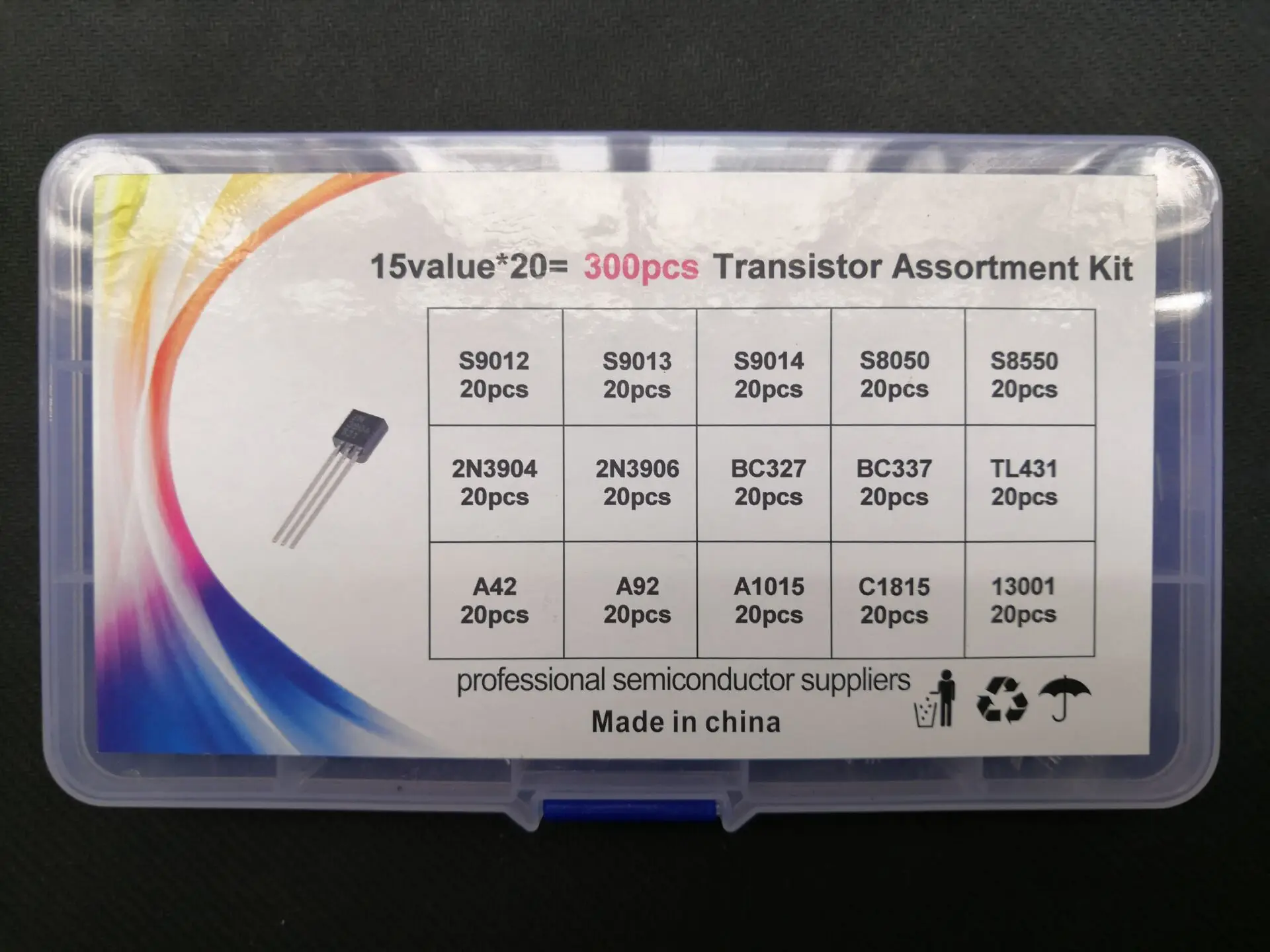 300pcs=15Assort*20PC Transistor Kit Box 13001 S8050 S8550 S9012 S9013 S9014 TL431A BC327 BC337 A42 A92 A1050 C1815 2N3904 2N3906