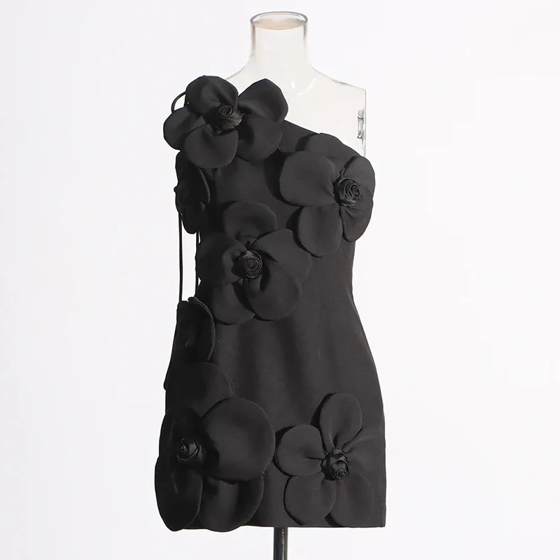 Robe courte sans bretelles, épissure française, fleur 3D, épaules dénudées, tempérament élégant, taille haute, Slim, ligne a, Mini robe de soirée pour femmes