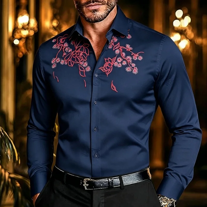 Men's Floral Embroidered Long Sleeve Shirt Slim Fit Formal Button-down Blouse