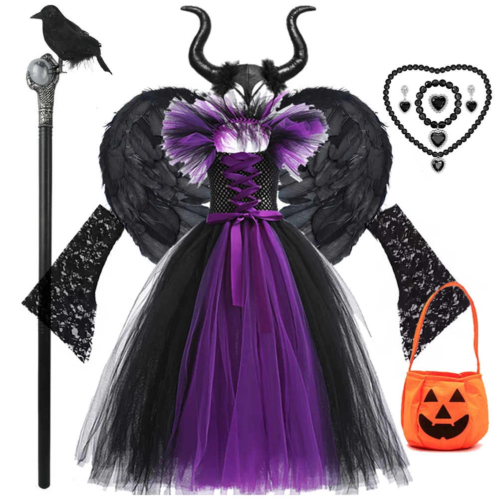 Halloween Maleficent Costume For Kids Black Purple Witch Dress Luxury Lace Evil Role Playing Costume Dress Up Outfit Tulle Dress