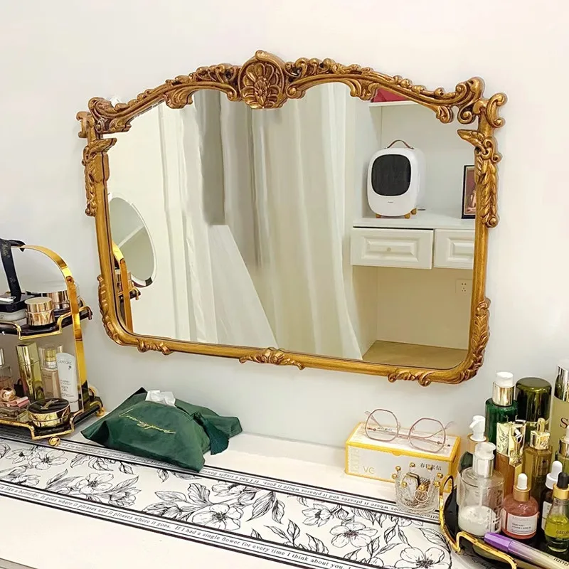 French retro makeup mirror bathroom mirror wall hanging carved bedroom vanity mirror European living room decoration