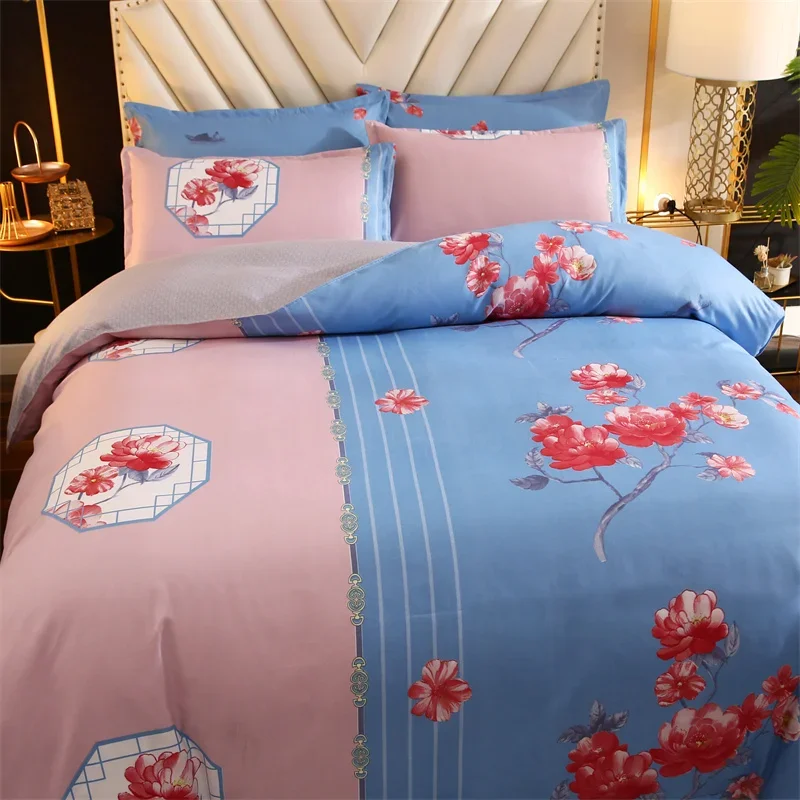 Chinese Floral Style Duvet Cover Set, Plant Flower Theme Thickened Bedding, Soft Reversible Design for Children Girls Women 3pcs