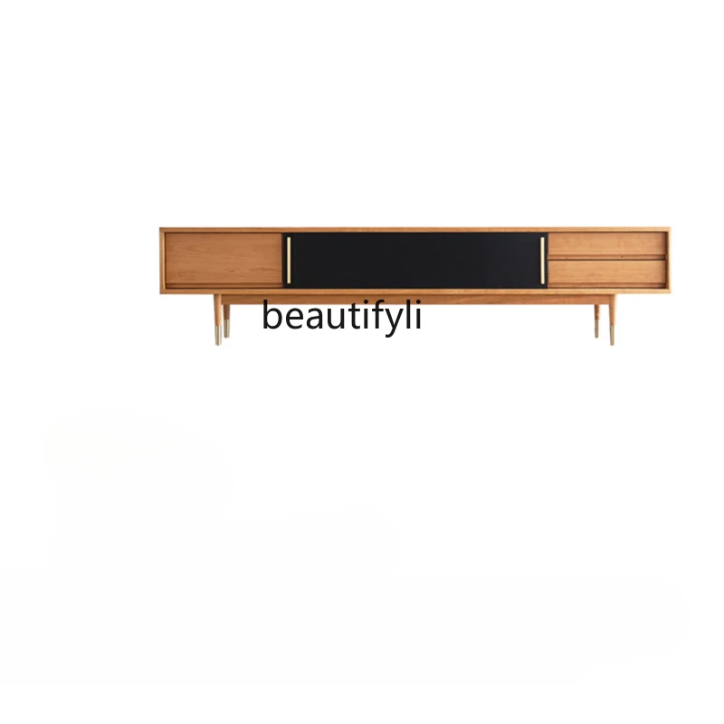 Light Luxury Minimalist Solid Wood TV Cabinet Modern Minimalist Black Black Walnut Living Room High Foot Cabinet