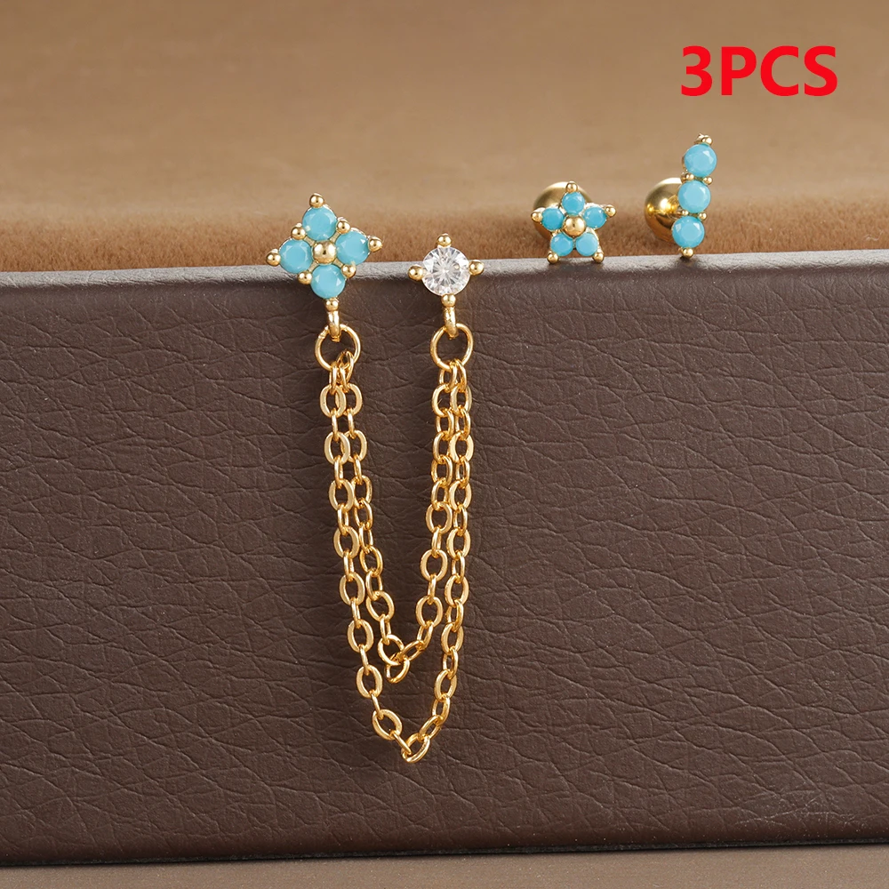 3PCS Vintage Zircon Flower Stud Earring Set For Women Stainless Steel Double Studs Chain Tassel Piercing Earring Fashion Jewelry