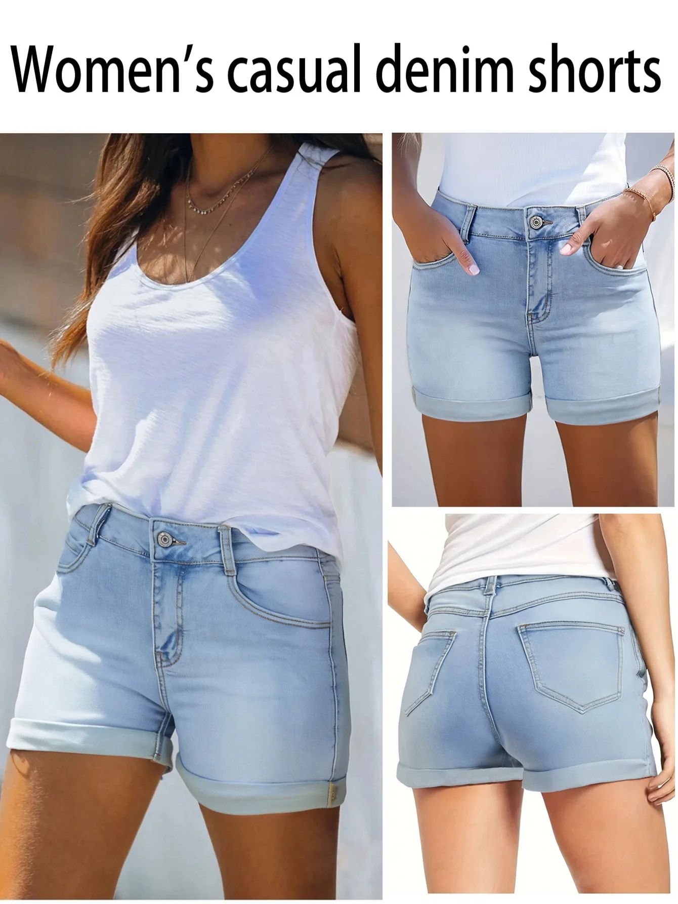 

Women's High - Waist Light Blue Roll - Cuff Denim Shorts