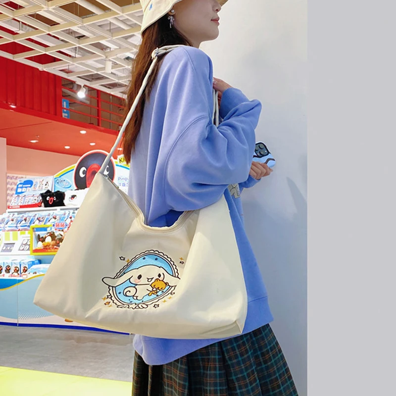 MINISO Cartoon Embroidery Nylon Shoulder Bag for Women Kuromi Cute Large Capacity Tote Bag Fashion Casual Female Handbag