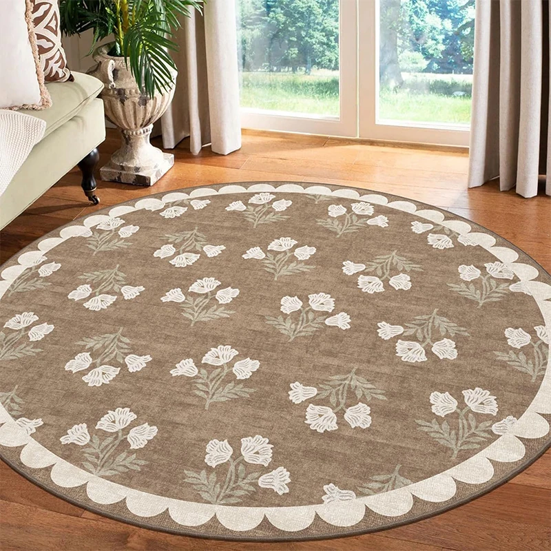 Round Living Room Rug Large Size Soft Comfortable Floor Mat Non-slip Machine Washable Retro Brown Floral Carpet Home Decor Rugs