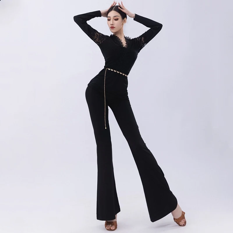 

Women Latin Dance Clothes Black Lace Tops V Neck Long Sleeves Flared Pants Ballroom Dance Practice Clothing Rumba Wear DNV19569