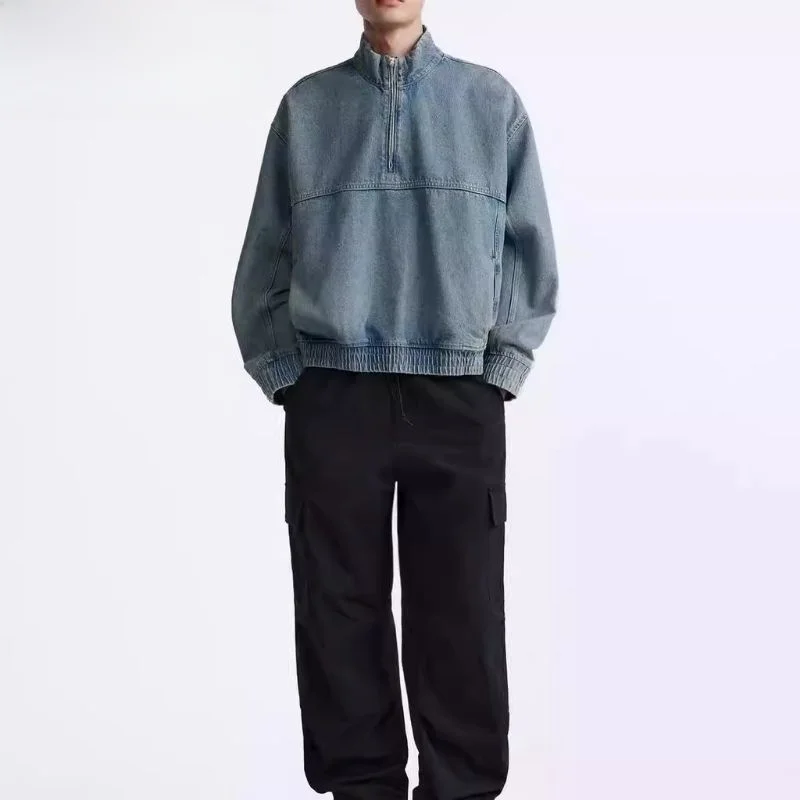 

Spring Autumn New Men's Loose Fit Waed Denim Sweatirt Jaet f Zipper Stand Collar Casual Outerwear 9794444