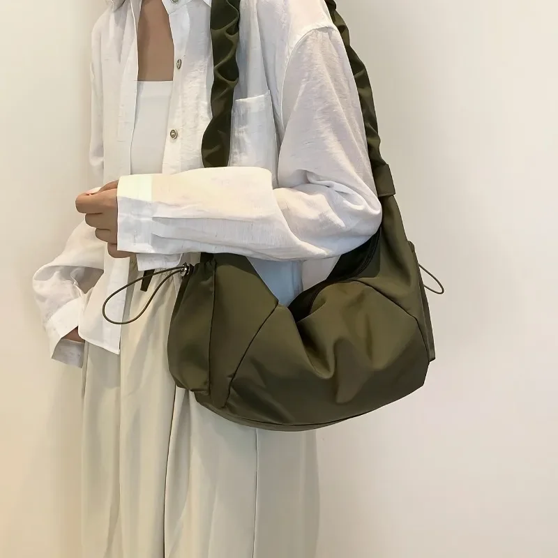 Nylon Multi-Pocket Shoulder Underarm Bags for Woman Featuring Wrinkled Design with Drawstring Perfect for Relaxed Versatile Look