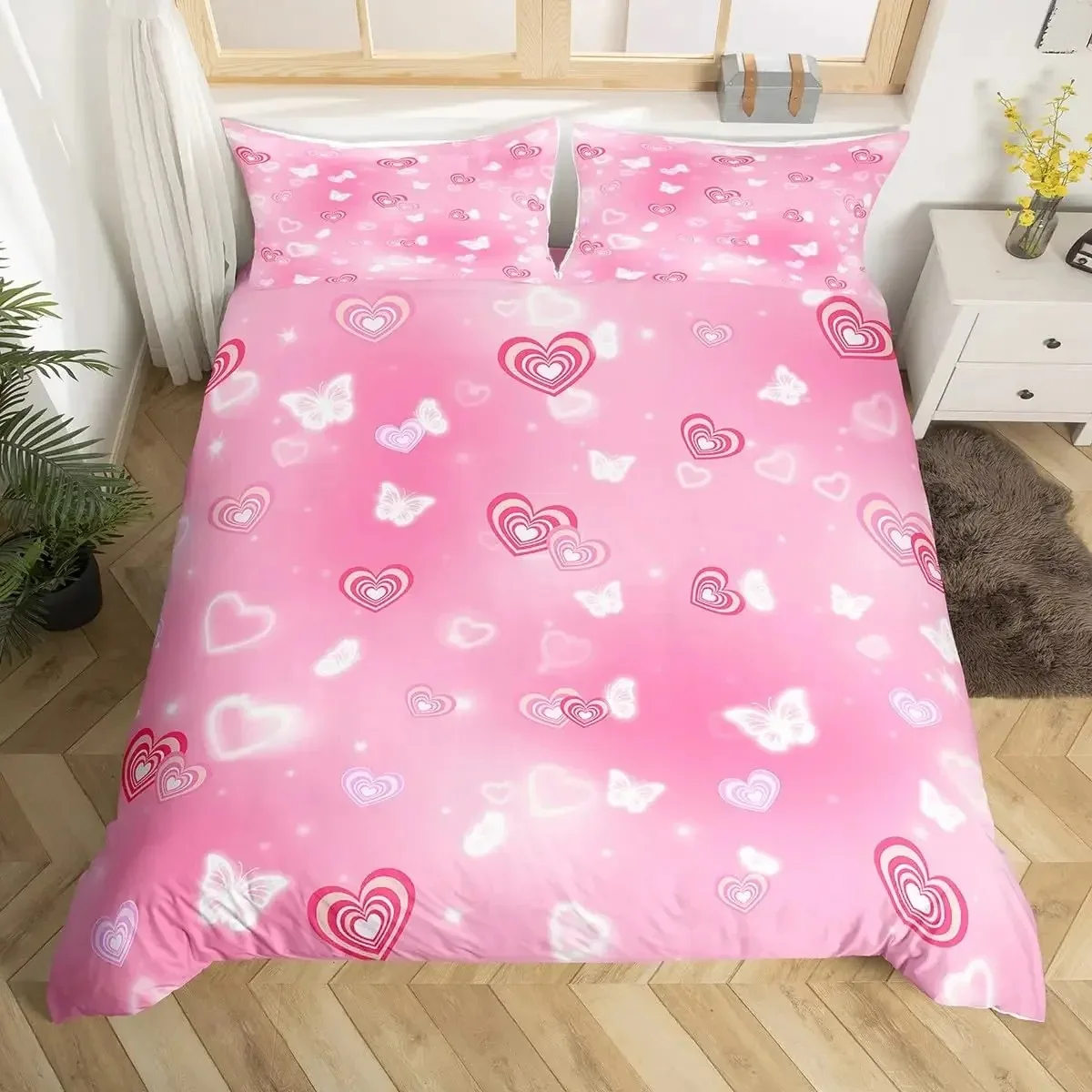 Valentine's Day Duvet Cover Twin Size,Cute Cat Dog Animals Rustic Bedding Set Roses Flowers Love Heart Romantic Comforter Cover