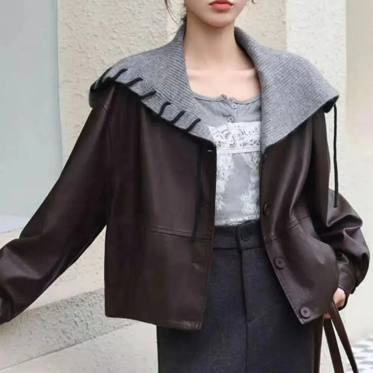 レディース ネイビー レザー ジャケット カジュアル スリム アウター 秋冬 新デザイン 高級感 小さいサイズ対応