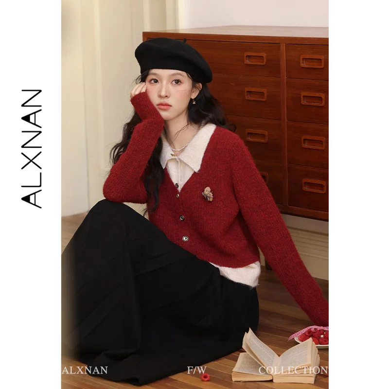 ALXNAN Red Women's Sweater Autumn Long Sleeve Lapel Metal Buttons Detachable Bear Decor Chest Elegant Ladies Pullovers L51016-1