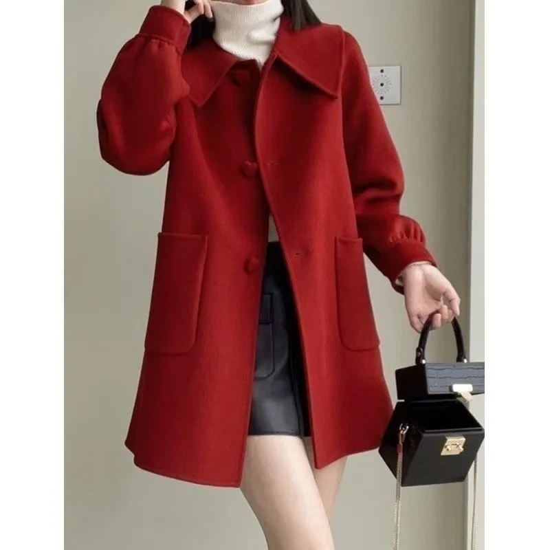 2025 Autumn and Winter New Mid-length Love Buckle Slimming Wool Jacket Slimming Age-reducing Doll Collar Tweed Top for Women