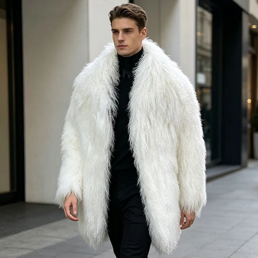 Real Lamb Fur Coat White Mongolian Fur Coat With Suit Collar Furry Jacket Men High Quality Luxury Fluffy Jacket