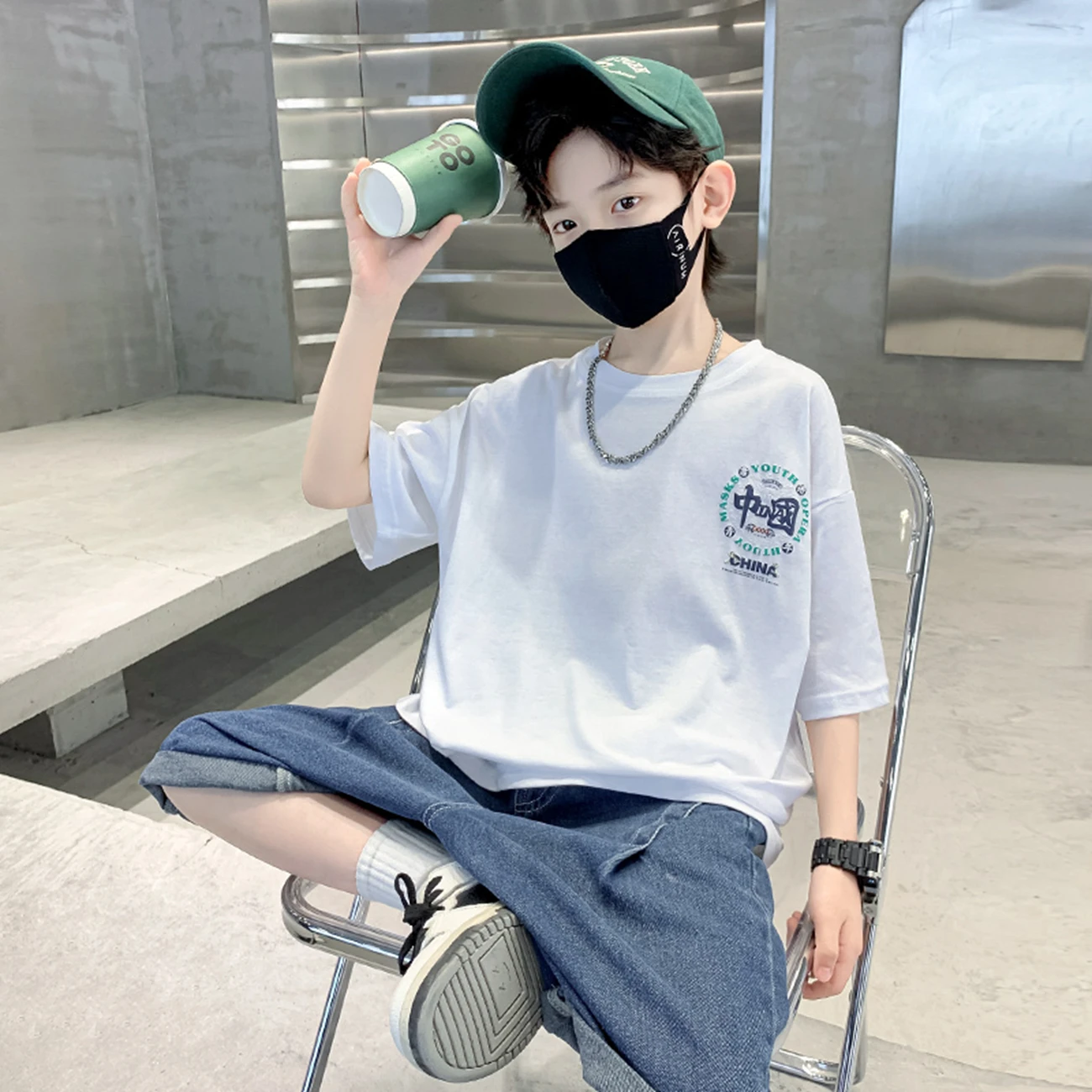 Boys Teen Cool Gradient Color Short Sleeve T-Shirt Summer Loose Fit round Neck Casual Breathable Cotton Printed Top