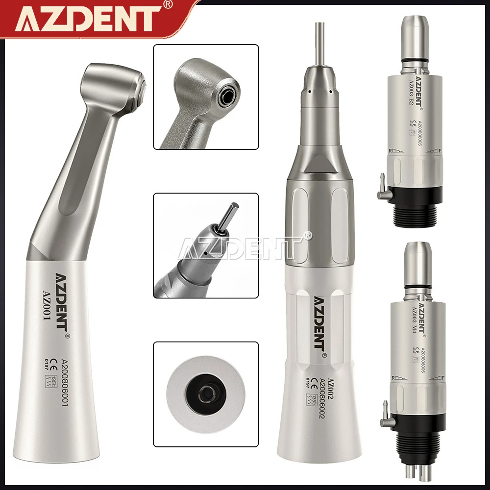 AZDENT Dental Handpiece Contra Angle Straight 2/4 Hole Air Motor Push Button Low Speed