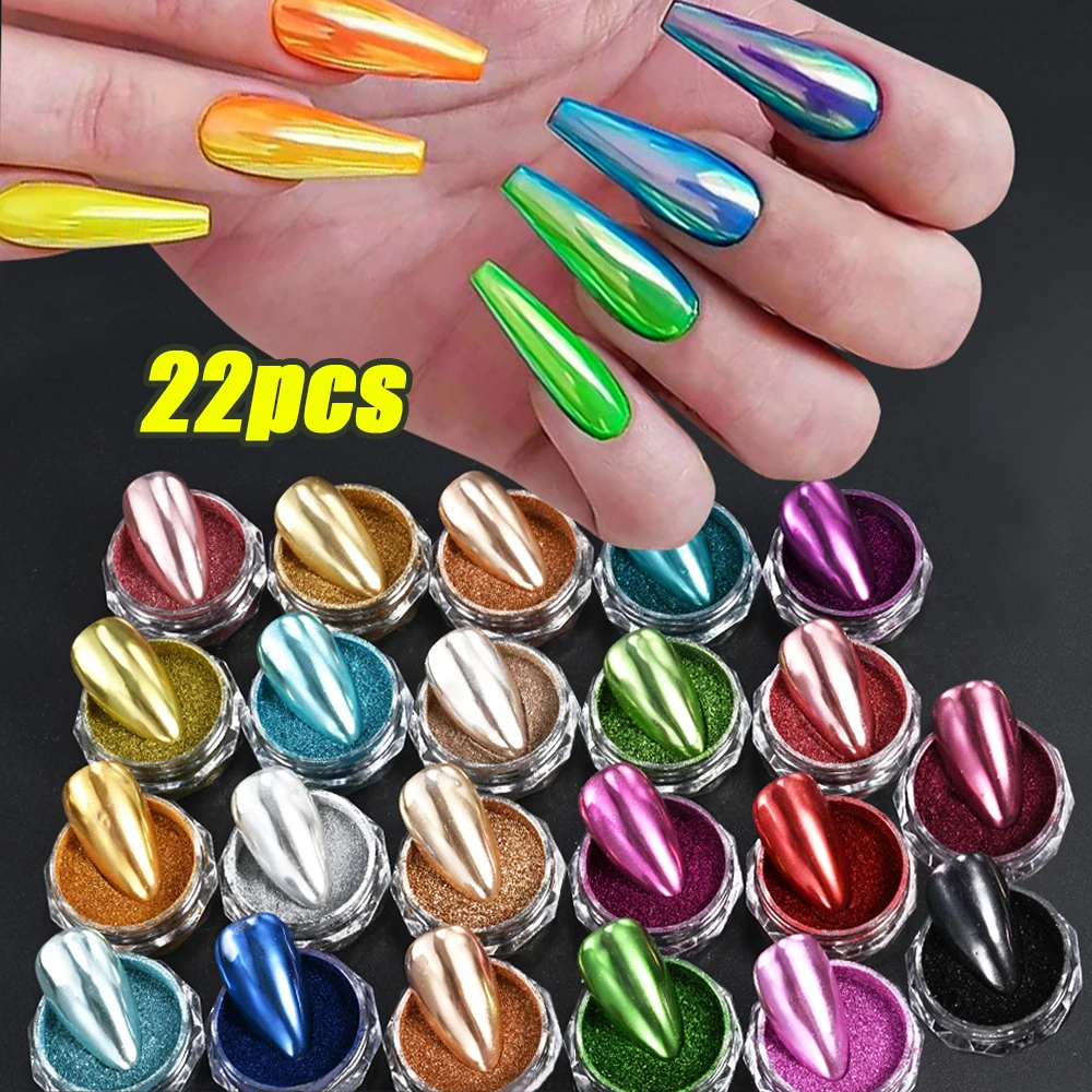 

22pcs/set Metallic Mirror Chrome Powder Nail Glitter Colorful Mirror Chrome Dust Pigment Set DIY Manicure Decoration Accessories