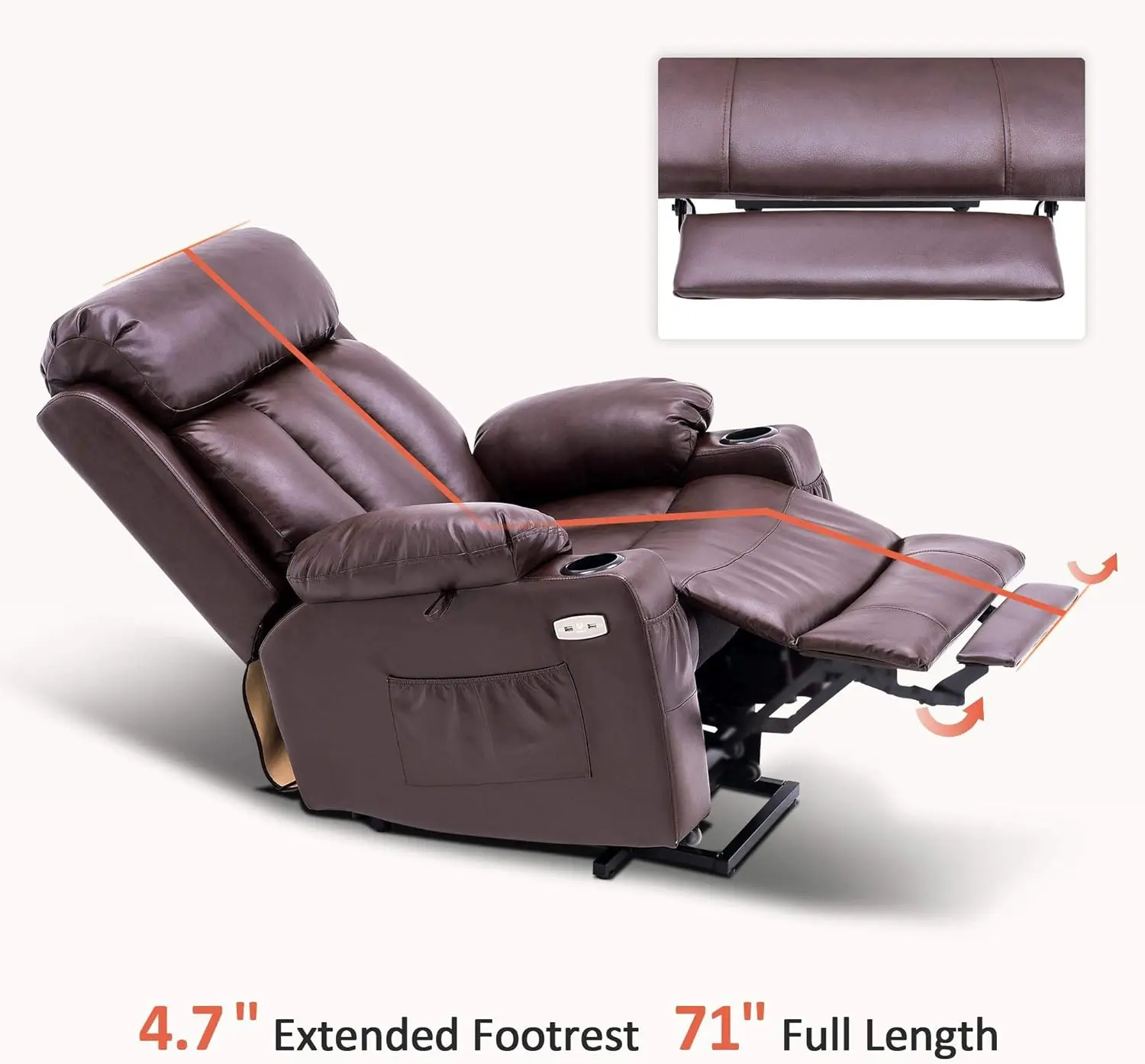 Grand fauteuil inclinable à levage électrique avec repose-pieds arc-en-ciel, grands et grands hommes, ports USB, simili cuir, marron foncé