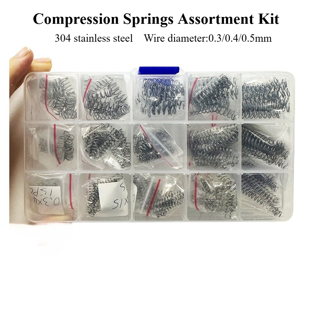 

Compression Springs Assortment Kit 15 different sizes 225pcs 304 stainless steel spring repair kit wire diameter 0.3-0.5mm