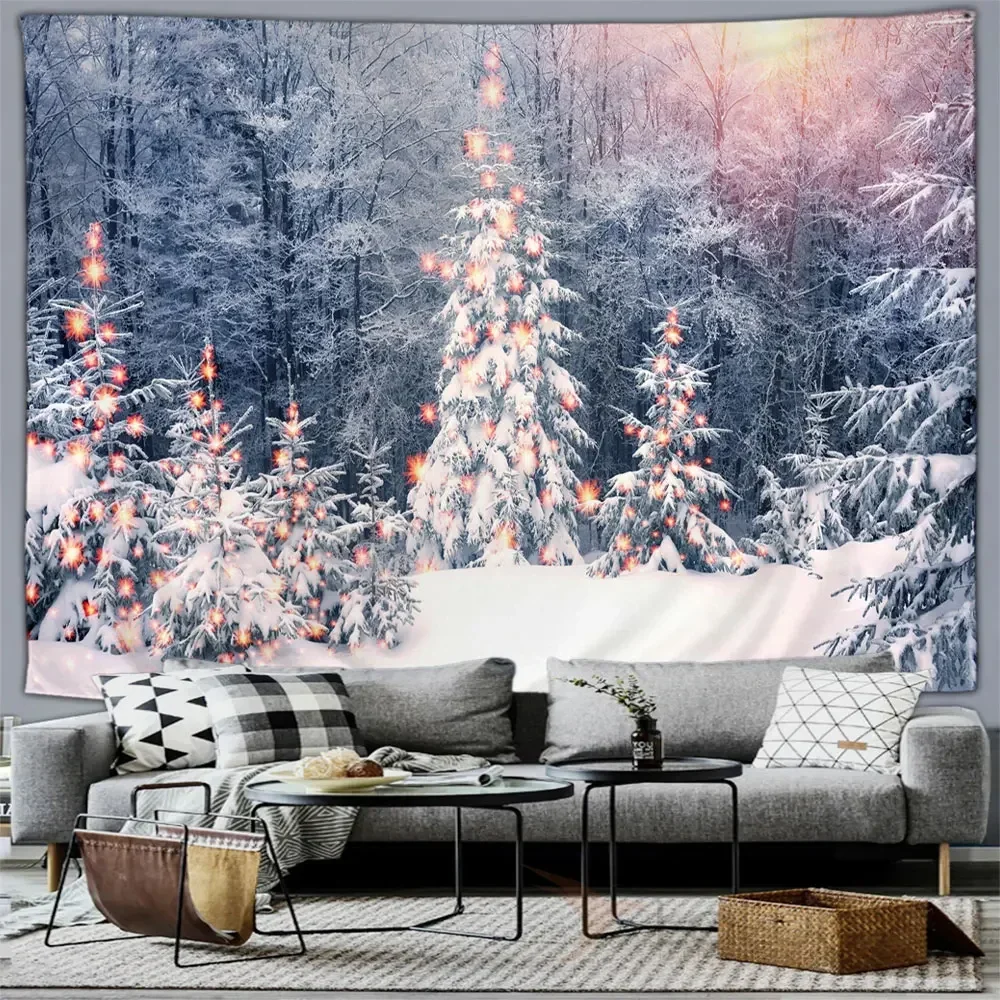 Winter Forest Snow Scene Tapestry Wall Hanging Christmas Tree Happy New Year Bedroom Living Room Patio Wall Hanging Mural Decor