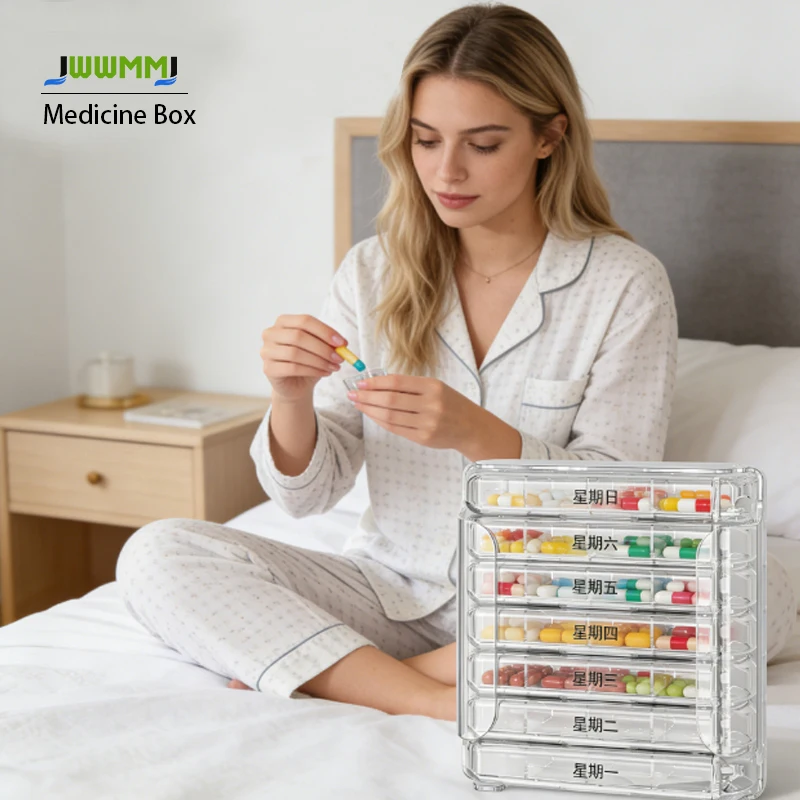 

1pcs Weekly Pill Organizer Dispenser with 7 Stackable Compartments for Morning Noon Evening Bedtime Dose Four Times-a-Day