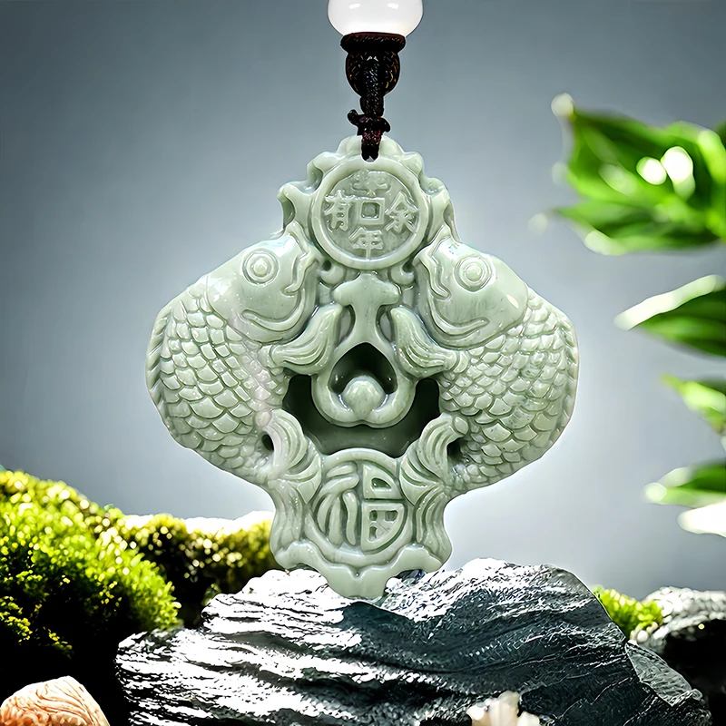 Zielony naturalny prawdziwy jadeitowy naszyjnik wisiorek Designer chiński Amulet karpiowy talizman urok luksusowej mody Vintage