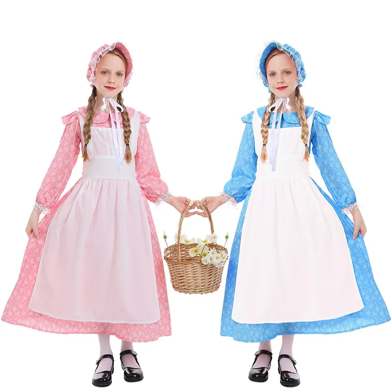 

Child Little House Pioneer Girl Costume American History Book Week Floral Dress Cosplay Carnival Halloween Fancy Party Dress