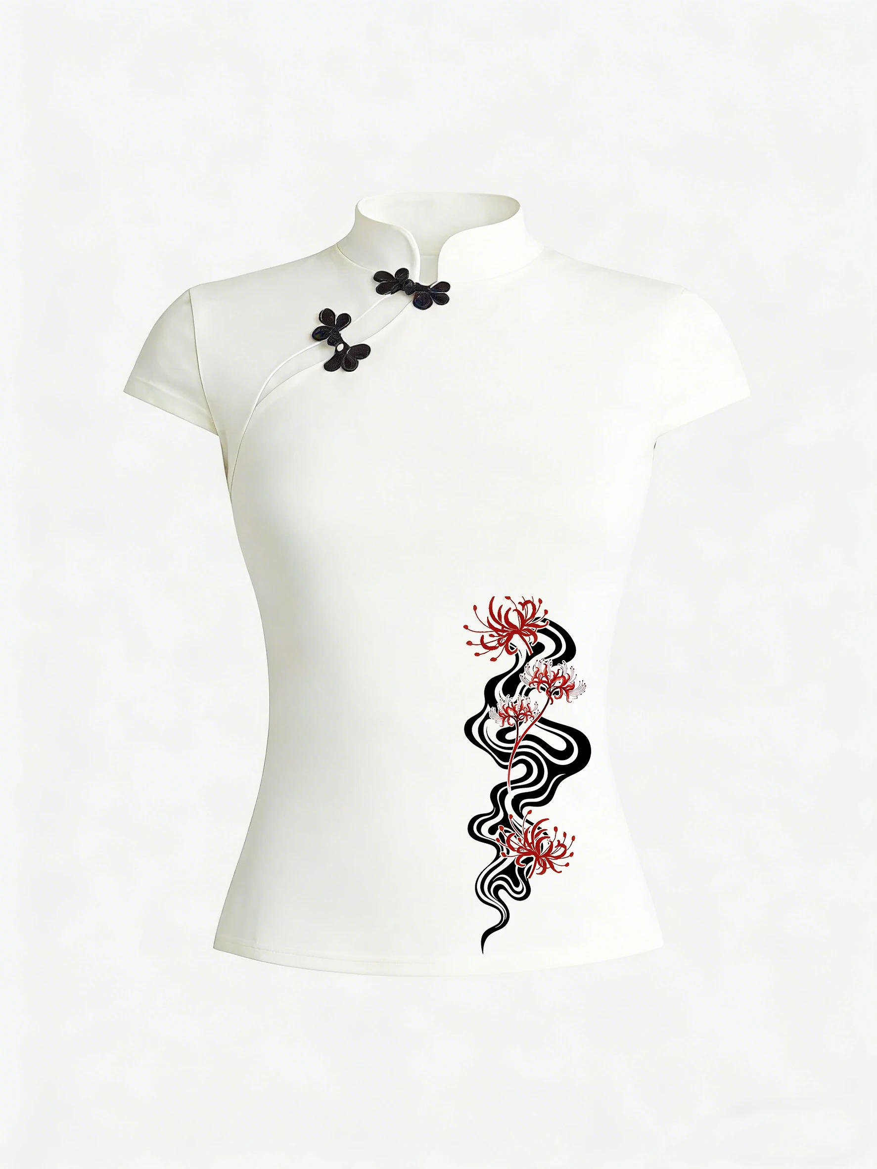Harajuku Aesthetics Versatile Classics T-shirt New Chinese Style Fashionable Printed Casual Slim Button Collar Short Sleeved Top