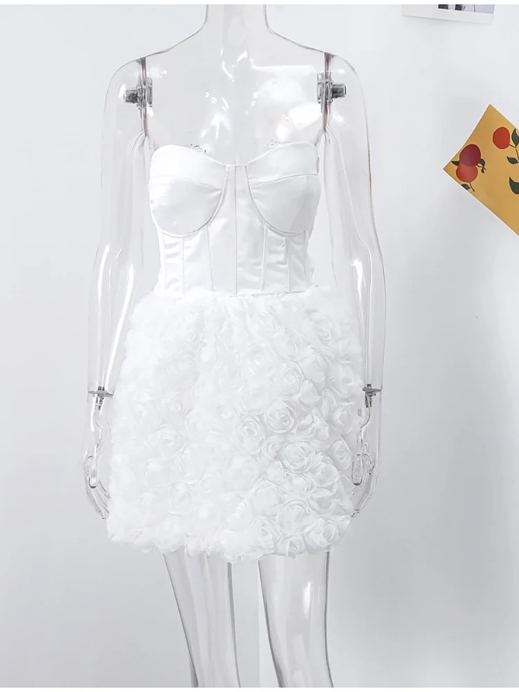 Julissa mo sexy sem alças 3d flor vestido feminino branco sem costas cintura alta a linha mini vestido de verão fino elegante festa clube vestido