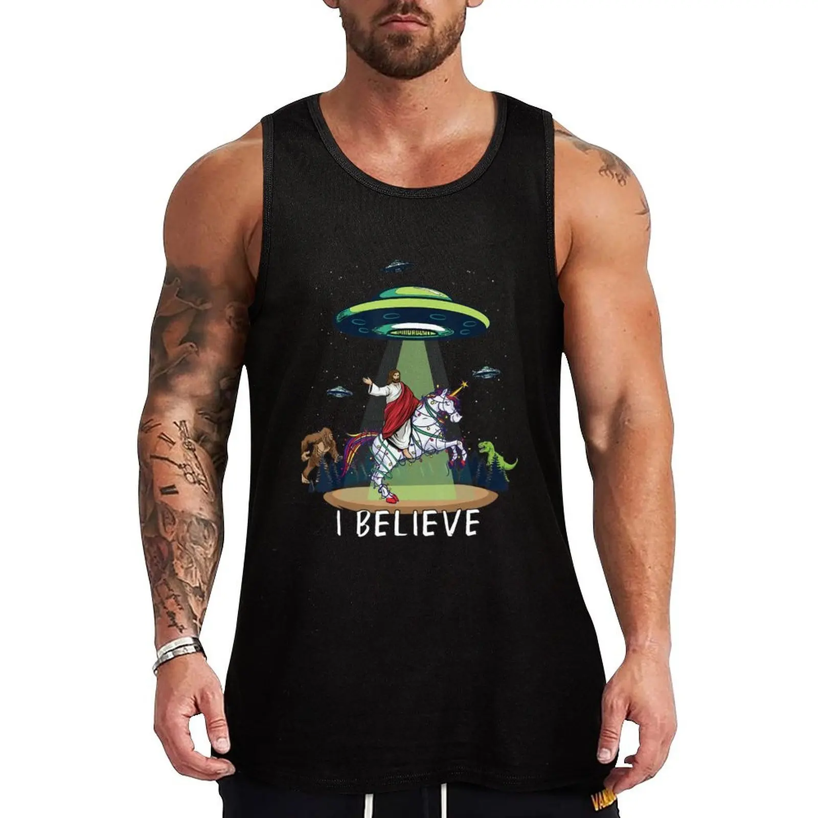 Believe Bigfoot Dinosaur Alien UFO Jesus Riding On Unicorn Tank Top Vintage Graphic Tank Top Retro Print Sleeveless Tee