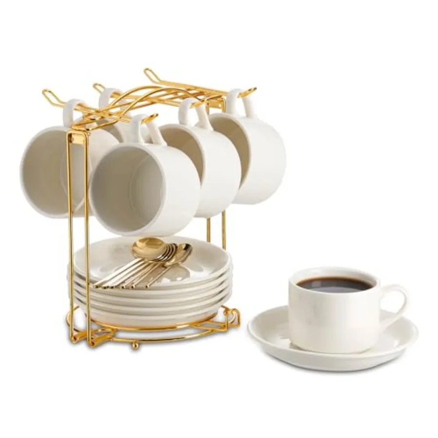 

Набор из 6 керамических чашек для эспрессо с блюдцами и золотой металлической подставкой