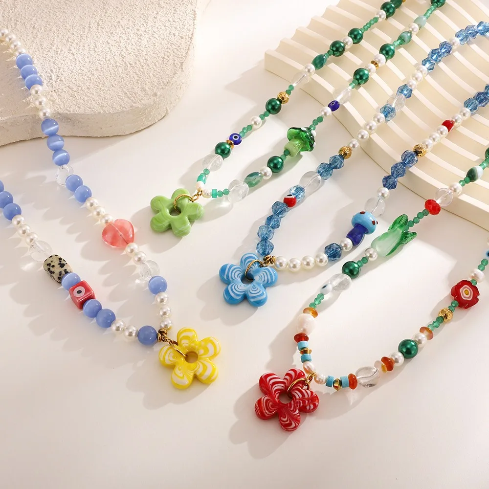 

Childishness Flower Necklace Colorful Coloured Glaze Floral Chain Choker Sweater Chain Handmade Beads Pendant Necklace Girls