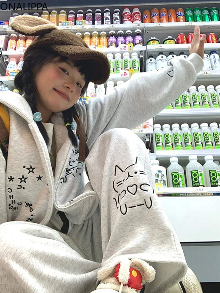 Onalippa Cartoon Embroidery Oversized Sweatshirt Hooded Chic Design Kawaii Hoodie Women Korean Slouchy Style Zip Up Cardigan