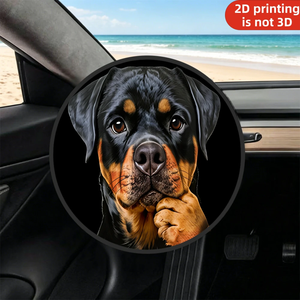 1pc Steering Wheel Sunshade Cover, 2D Flat Printing Rottweiler Dog Portrait Thinking Pose Car Coaster Print, Summer Essential