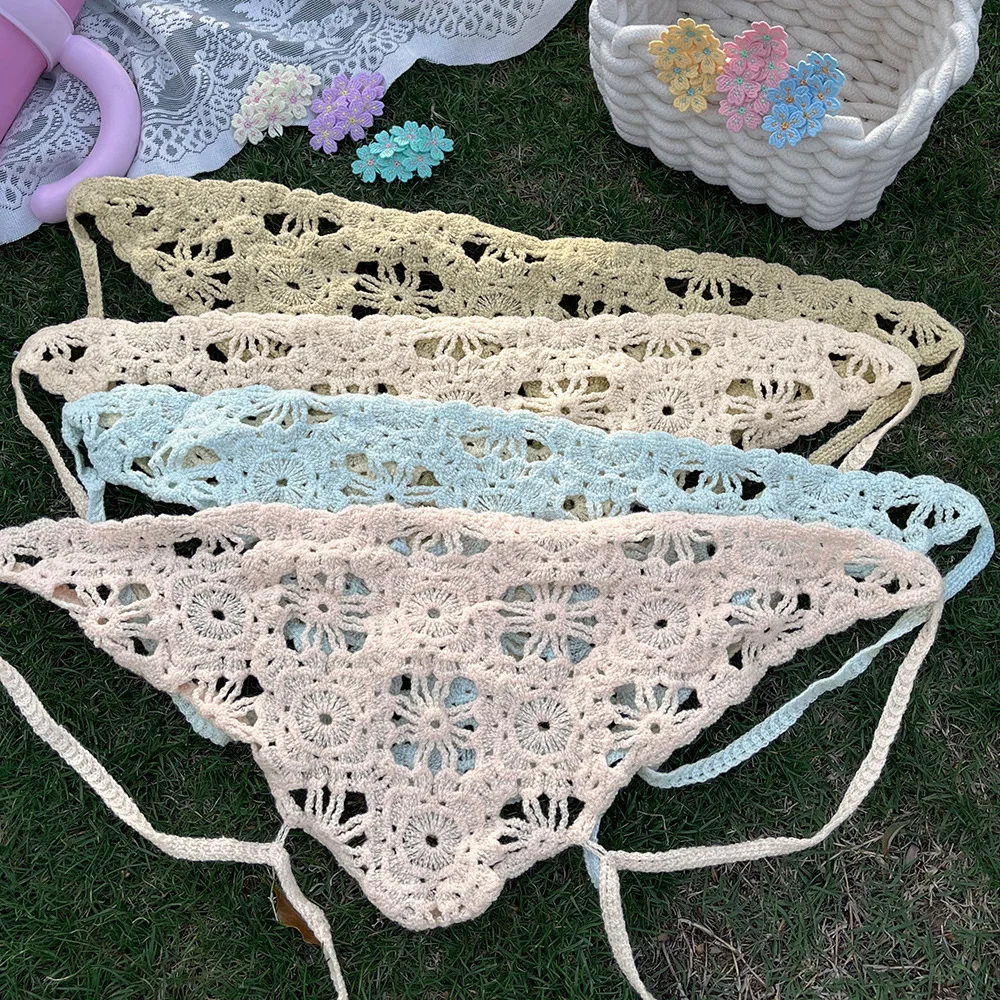 Fashion Knitted Headscarf Women French Pastoral Style Triangle Headband Handmade Crochet Headband Towel Retro Flower Headscarf image 5