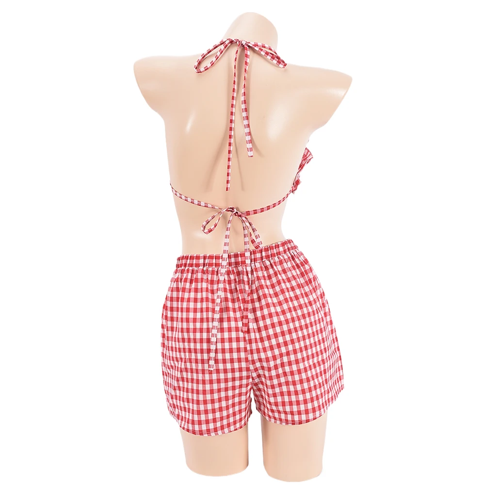 2 Piece Set Women Plaid Print Outfits Sexy Halter Lace Up Camisole Top+High Waist Buttons Shorts 2024 Summer Beach Y2K Clothes