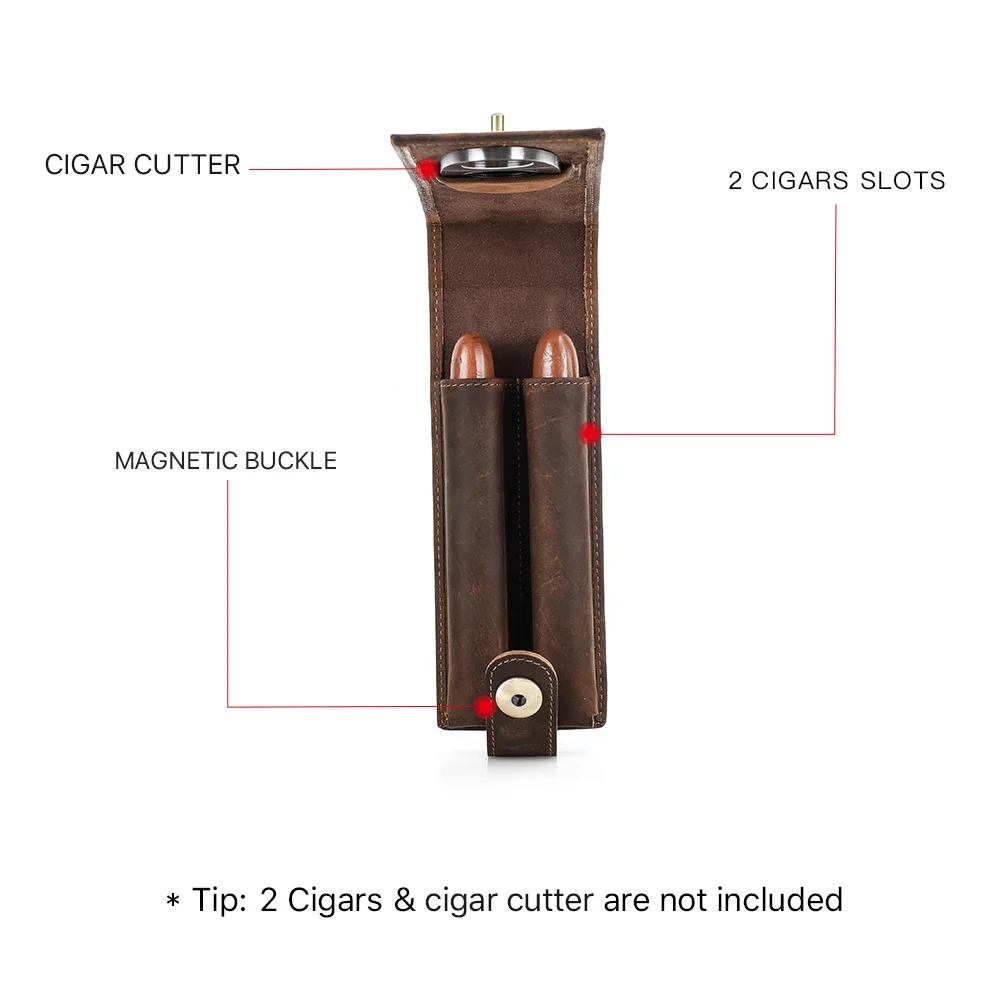 Luxury Retro Cowhide Leather 2 Slots Cigar Case Humidor Box Travel Portable Display Cutter Pouch with Megnetic Buckle Closure