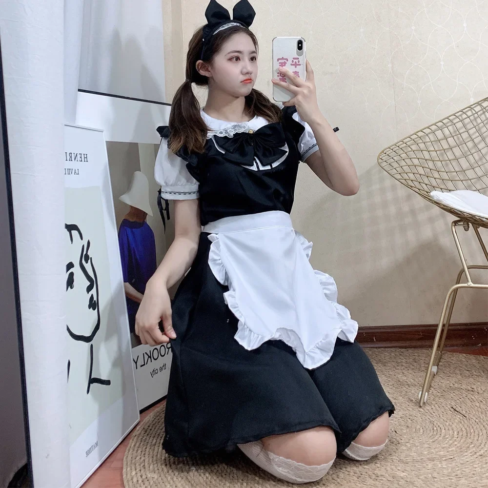 Black White Cute Maid Outfit Lolita Dress Girls Women Sweet Maid Cosplay Halloween Costume Dresses Outfit Performance Suit