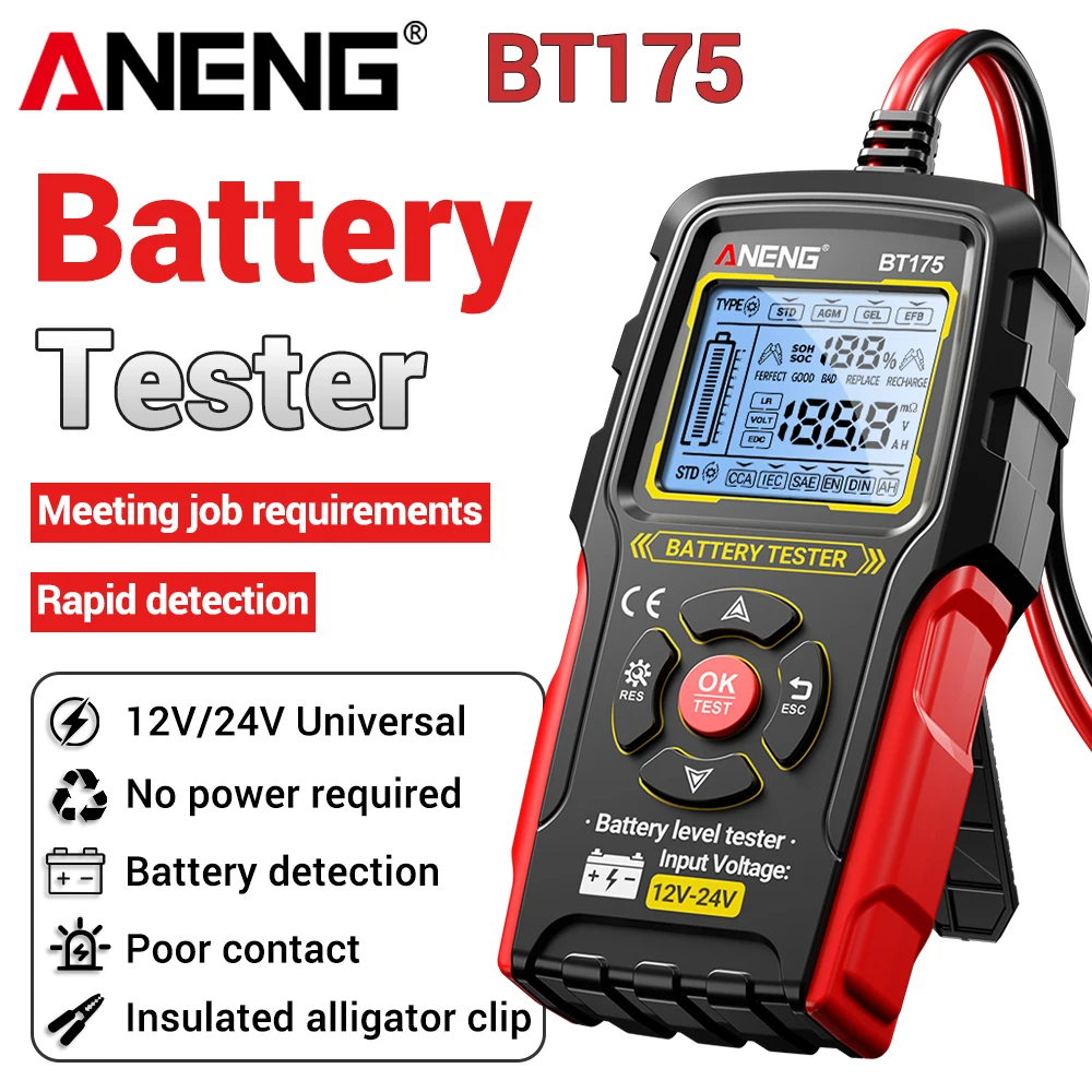 ANENG Digitales Batterietester-Werkzeug, universell mit isolierter Krokodilklemme, LCD-Display, professioneller Autobatterietest BT175