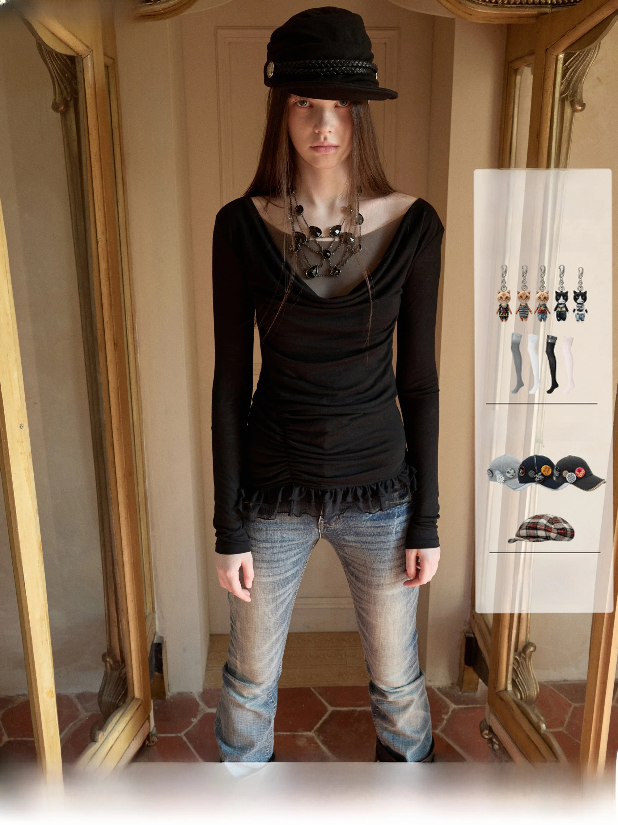 

JINN STUDIO Vintage Ruffle Collar Me Double Layer Splice Base irt Women's Side Pleated Lace Trim Slim Fit Top