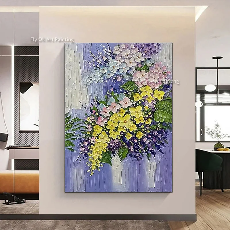 Spring Flowers Handmade Purple And Yellow Florals Canvas Oil Painting Abstract Blue Light Purple Knife Thick Flowers Wall Art