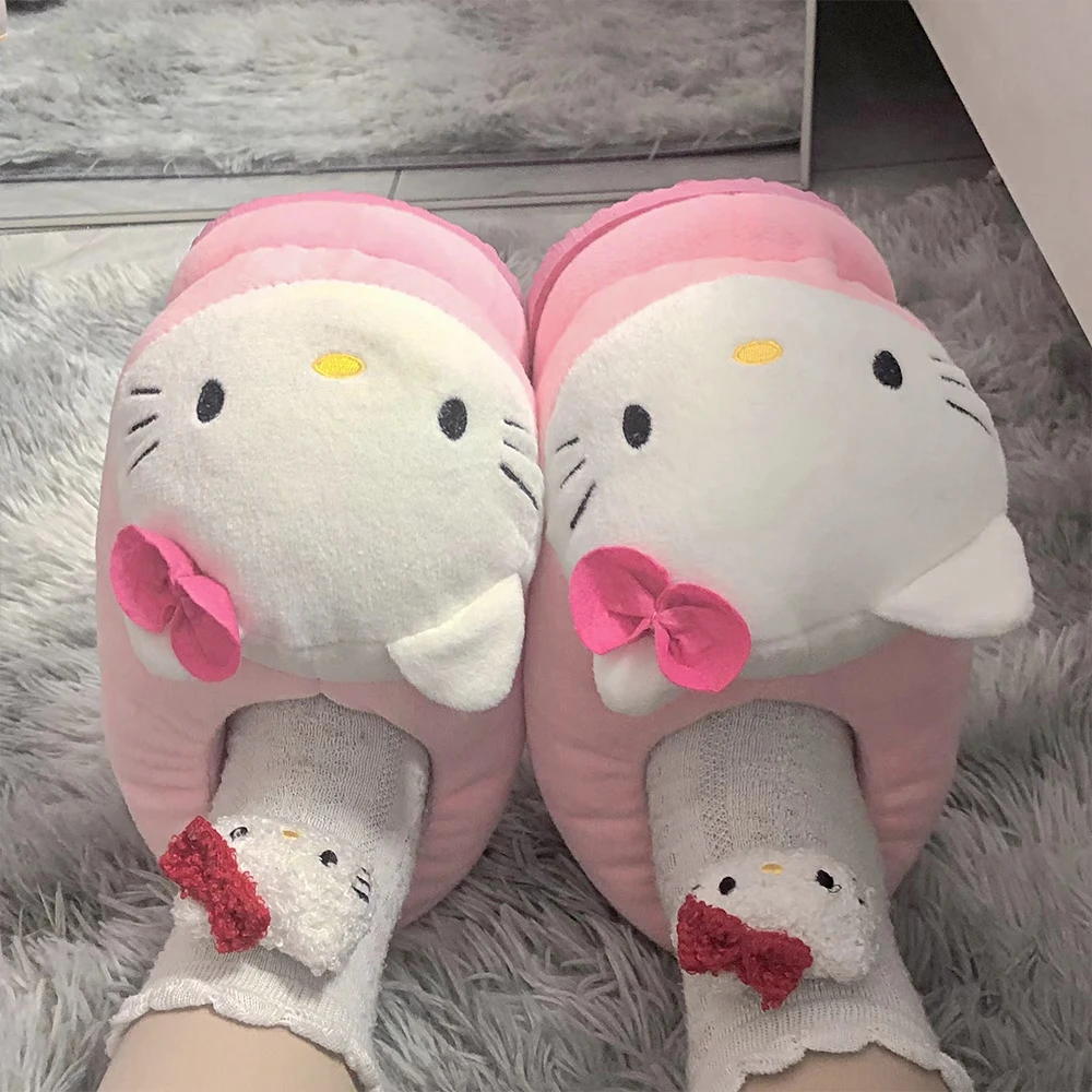 Kawaii Women Plush Cotton Shoes Y2K Hello Kitty Big Head Sanrios Anime Kt Cute Cat Thicken Home Slippers Winter Warm Indoor Cute