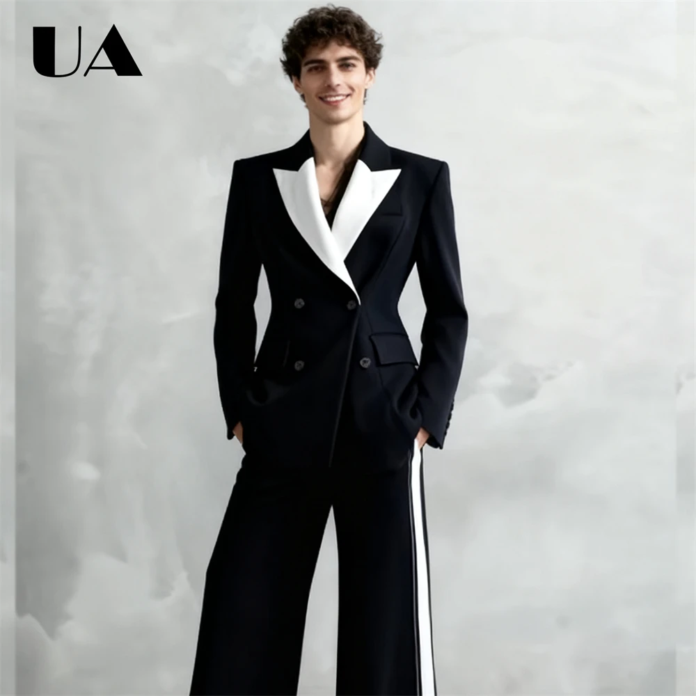 Slim Fitting Mens Double Breasted Suit Set 2-Piece Suit Jacket Pants White Peak Laple Wide Trousers Prom Suit Attire Customized