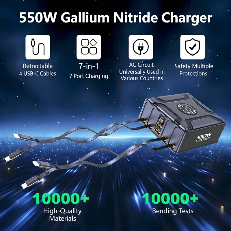550W 7-in-1 Charging Station with 100W Retractable USB C Cable GaN Fast Charger for MacBook Pro iPhone 17 Samsung Laptop Tablet