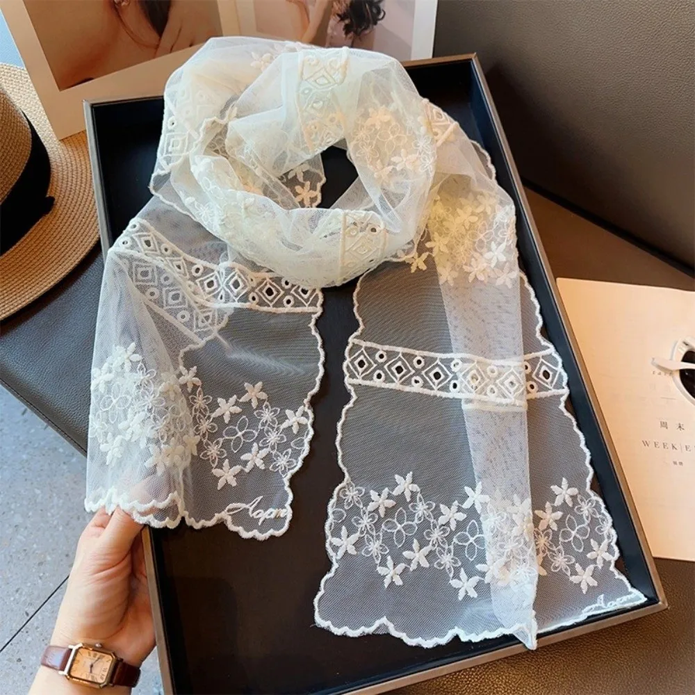 

Summer Lace Small Long Scarf Embroidered Flower Soft Travel Sun Protection Scarf Solid Color Decorative Shawl for Women Girl
