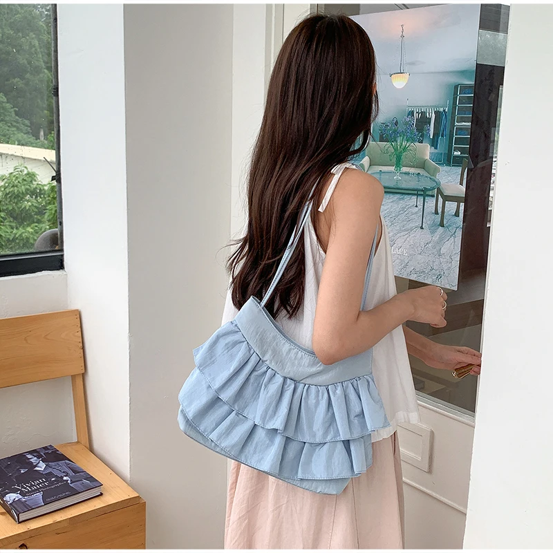 Kuchenrock-Stil Gerüschte Damen-Schultertasche, Koreanische Plissierte Umhängetasche, Leichte Süße Elegante Handtasche – Detail 12