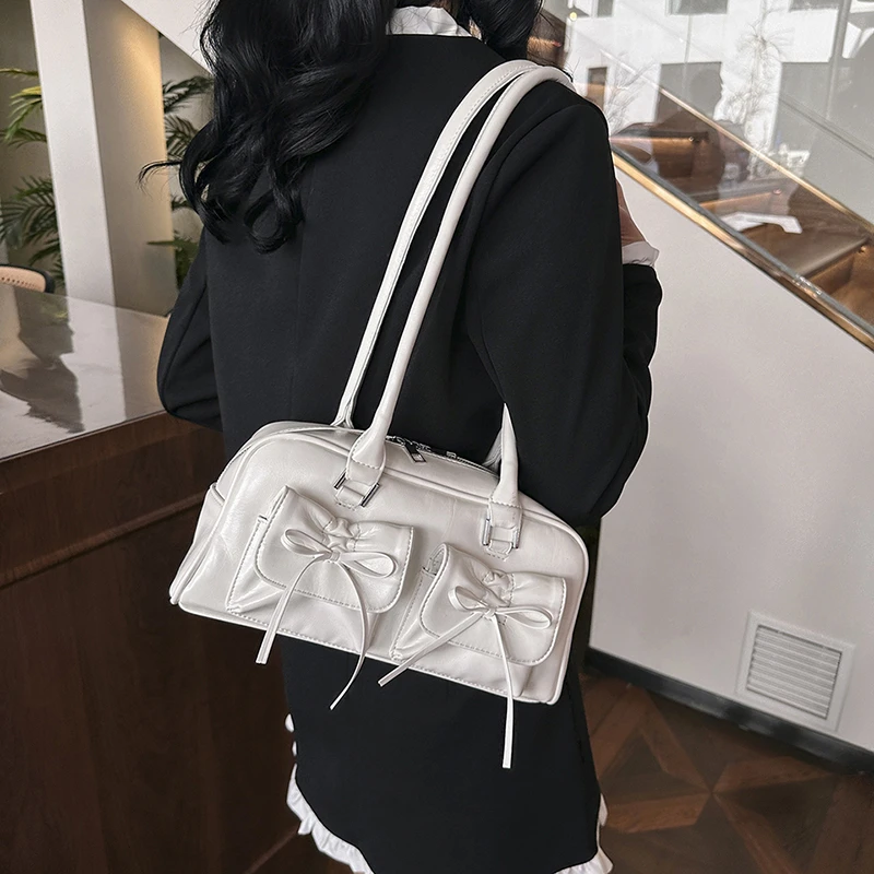 Double Pockets Bow Design Small Shoulder Bags for Women 2024 Korean Fashion Trend Underarm Bag Lady Y2K Handbags and Purses