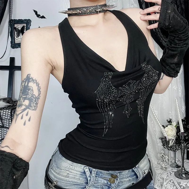 

Gothic Dark Cross Hot Diamond Collar Uncovered Vest 2025 New All-match Tops for Women