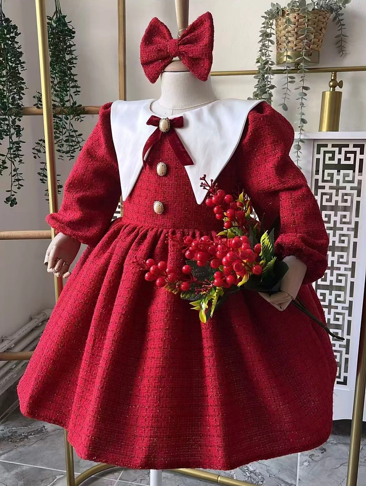 

0-12Y Baby Girl Autumn Red Vintage Princess Dress With Bow for Birthday Photography Holiday Eid Christmas C214